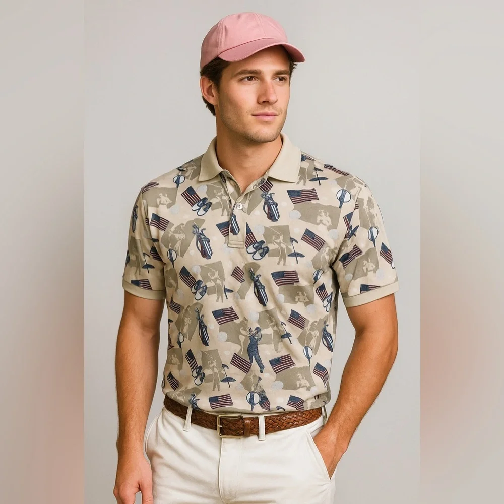 C&B Sport CROFT & BARROW Polo Shirt Mens S Golf Ball USA Flag Print